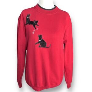 Vintage 90s Red Cat Sweatshirt Rhinestone Velvet Applique Crewneck Small Kitsch